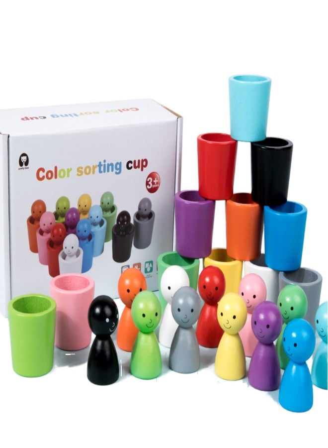 RITHVI STORE Color Sorting Cups Toy for Toddlers | 12 Wooden Matching Dolls with Cups | Montessori Stacking & Color Recognition Game | Educational Preschool Learning Toy for Kids 3+ Years - Image 1